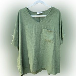 Zenana Women V Neck Woman Airflow Dolman Shirt Sleeve Olive Blouse Med